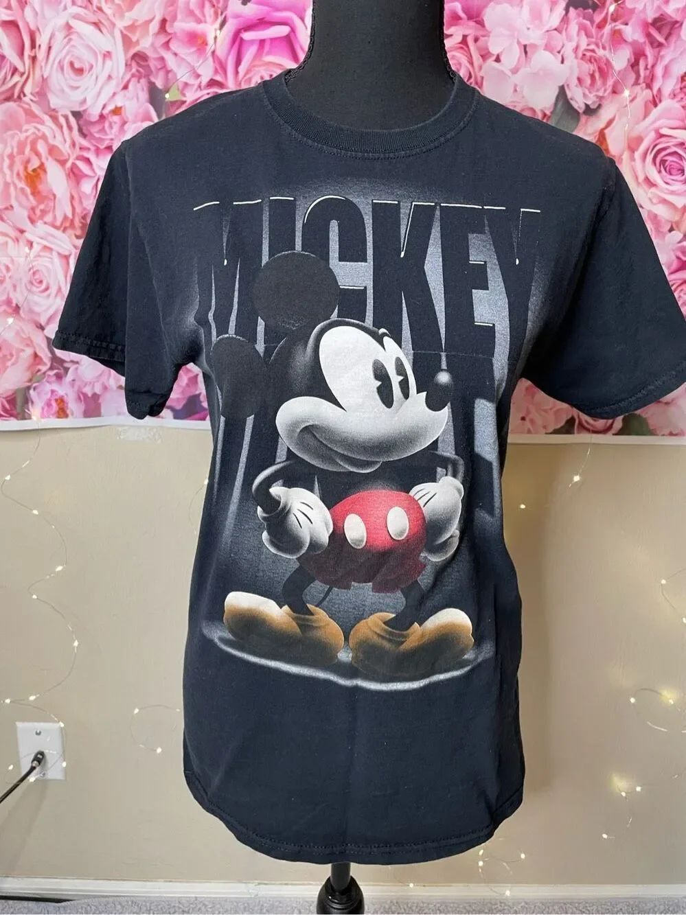 Disney Adult Unisex Mickey Mouse Spotlight Black Cotton T-Shirt-SMALL